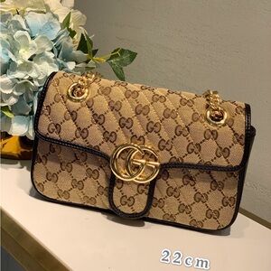 Gucci Tan Brown GG Canvas Shoulder Bag with Black Trim